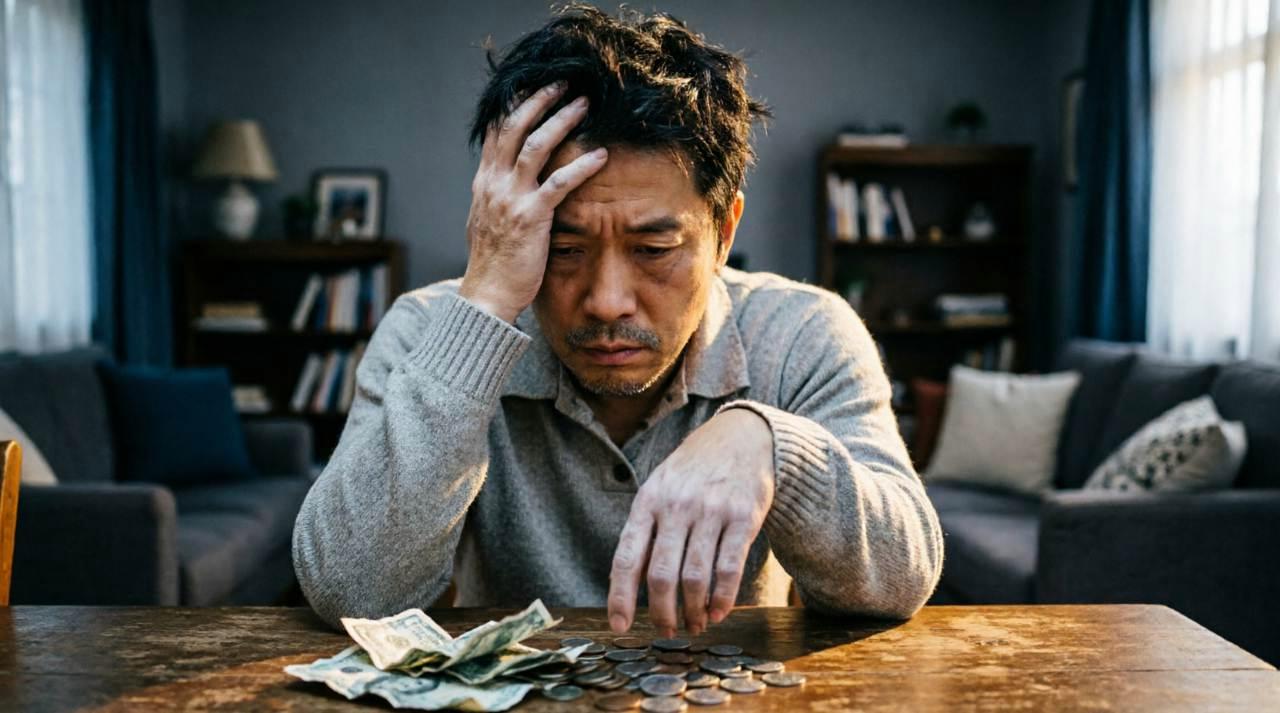 悩みながらパソコンに向かう男性の後ろ姿と時計の文字盤